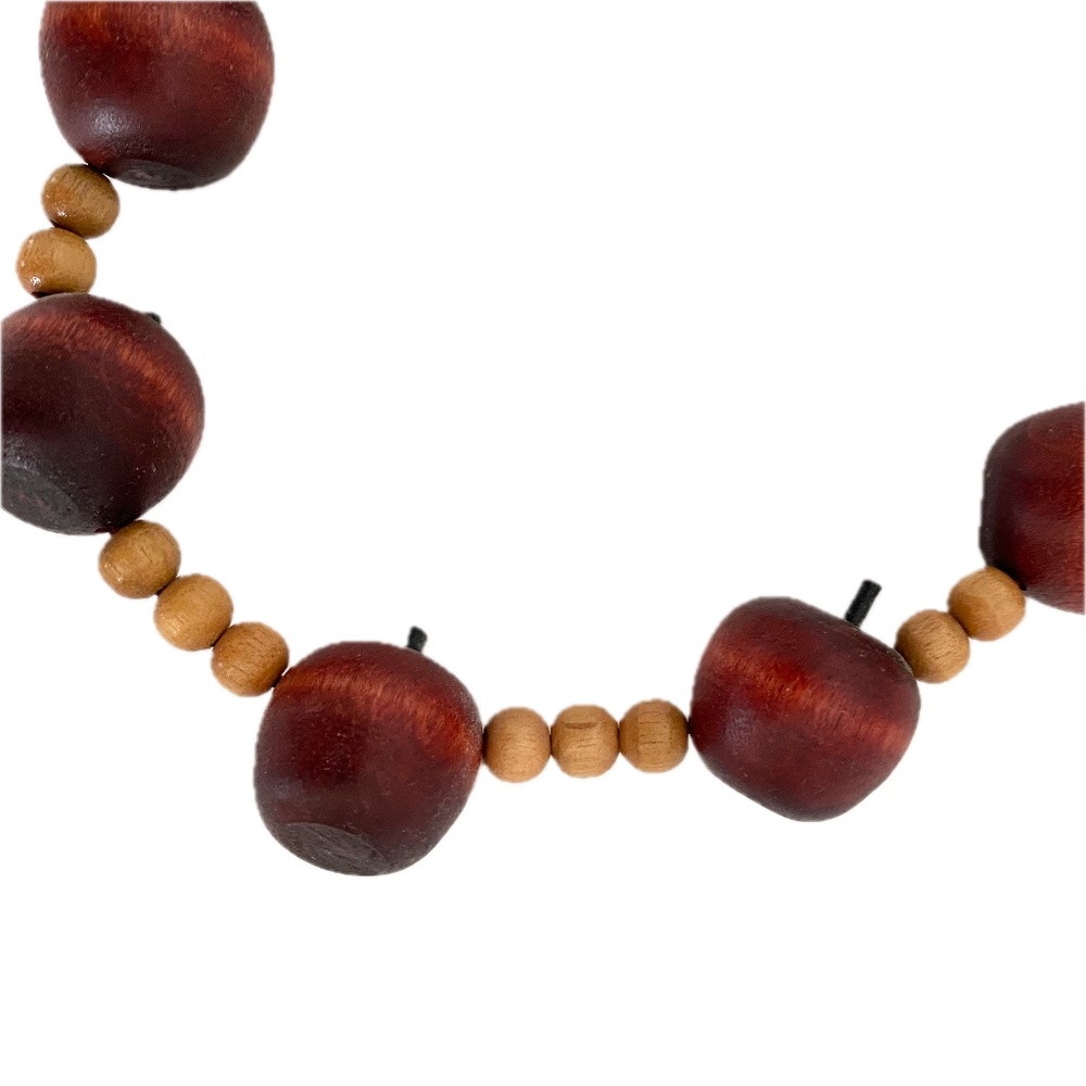 Vintage Wooden Apple Beaded Burgundy Ribbon Necklace